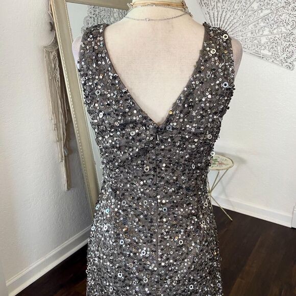 Adrianna Papell V-Neck Sequin Crunchy A-Line Gown in Lead - Picture 7 of 8